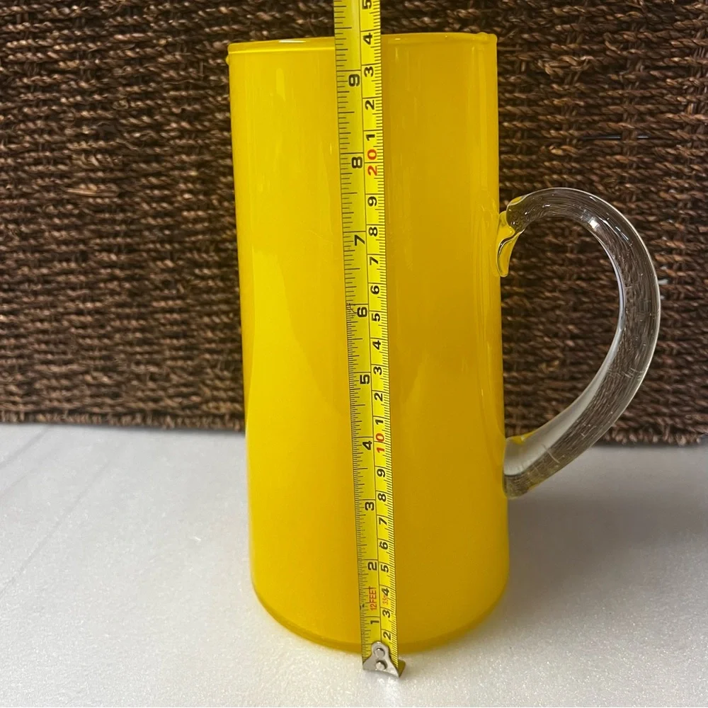 Vintage MCM Yellow Glass Beverage Pitcher With Clear Applied Handle - Picture 12 of 14